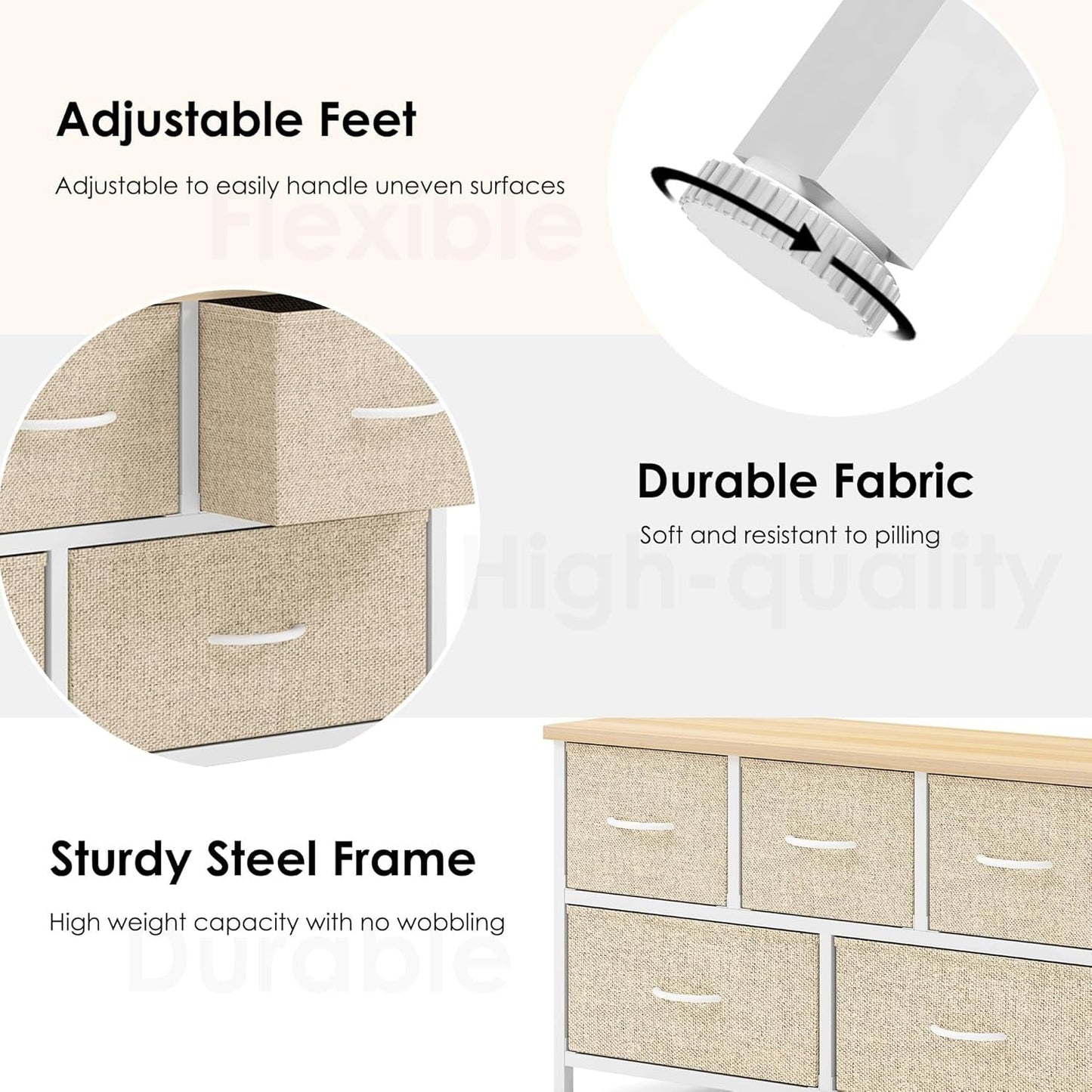 Beige 5-Drawer Fabric Chest, 100 x 29 x 55 cm