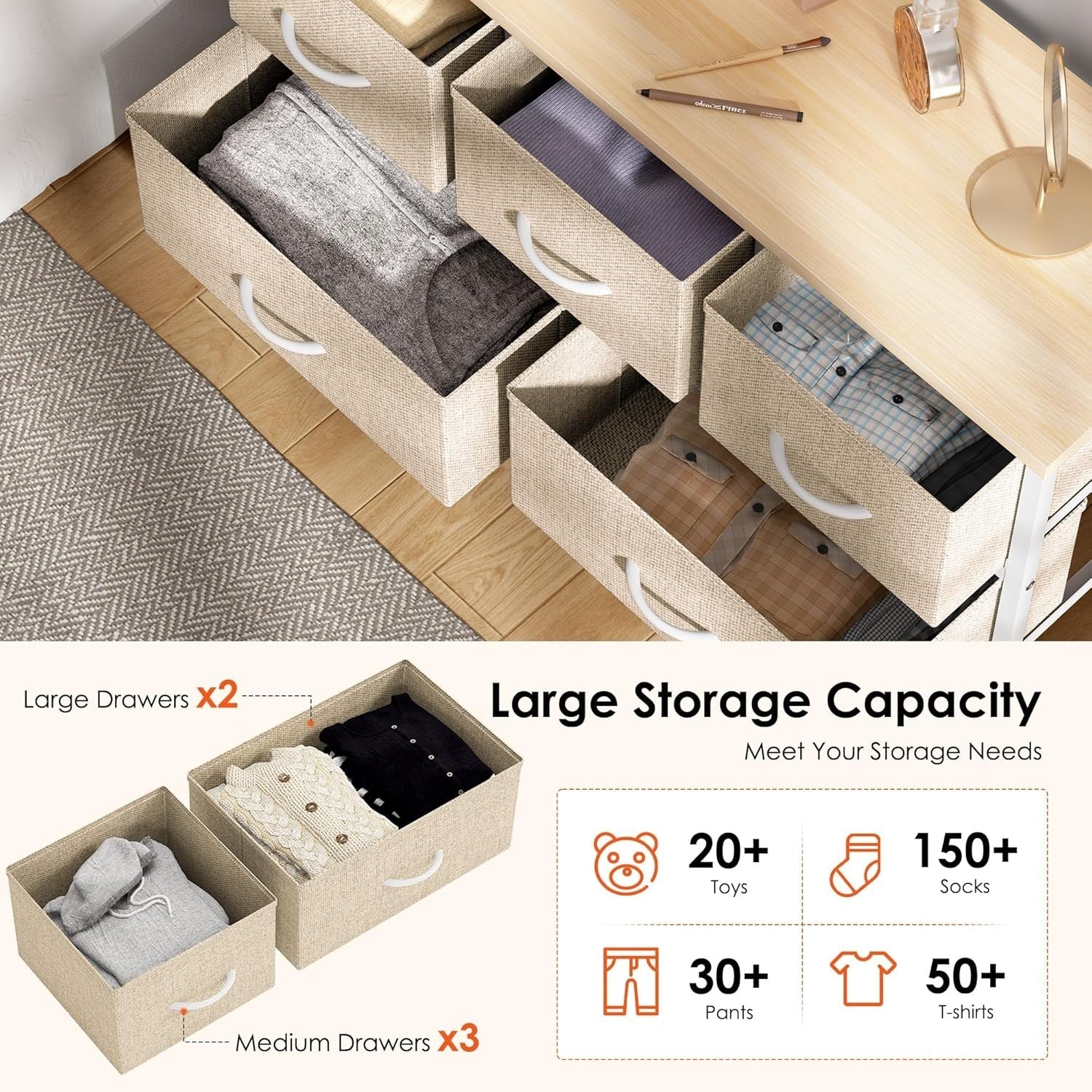Beige 5-Drawer Fabric Chest, 100 x 29 x 55 cm