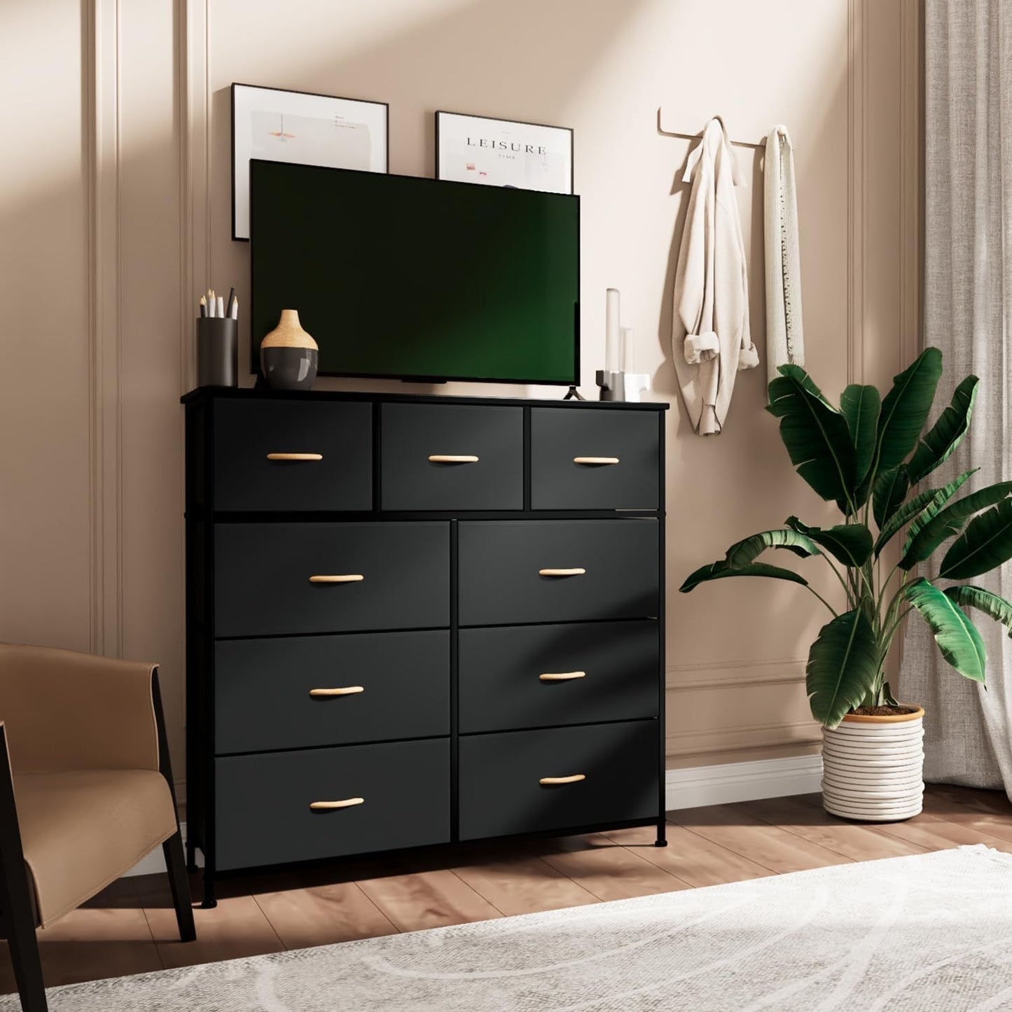Chest of Drawers Dresser Black with 9 Drawers Fabric Dresser with Wood Top room