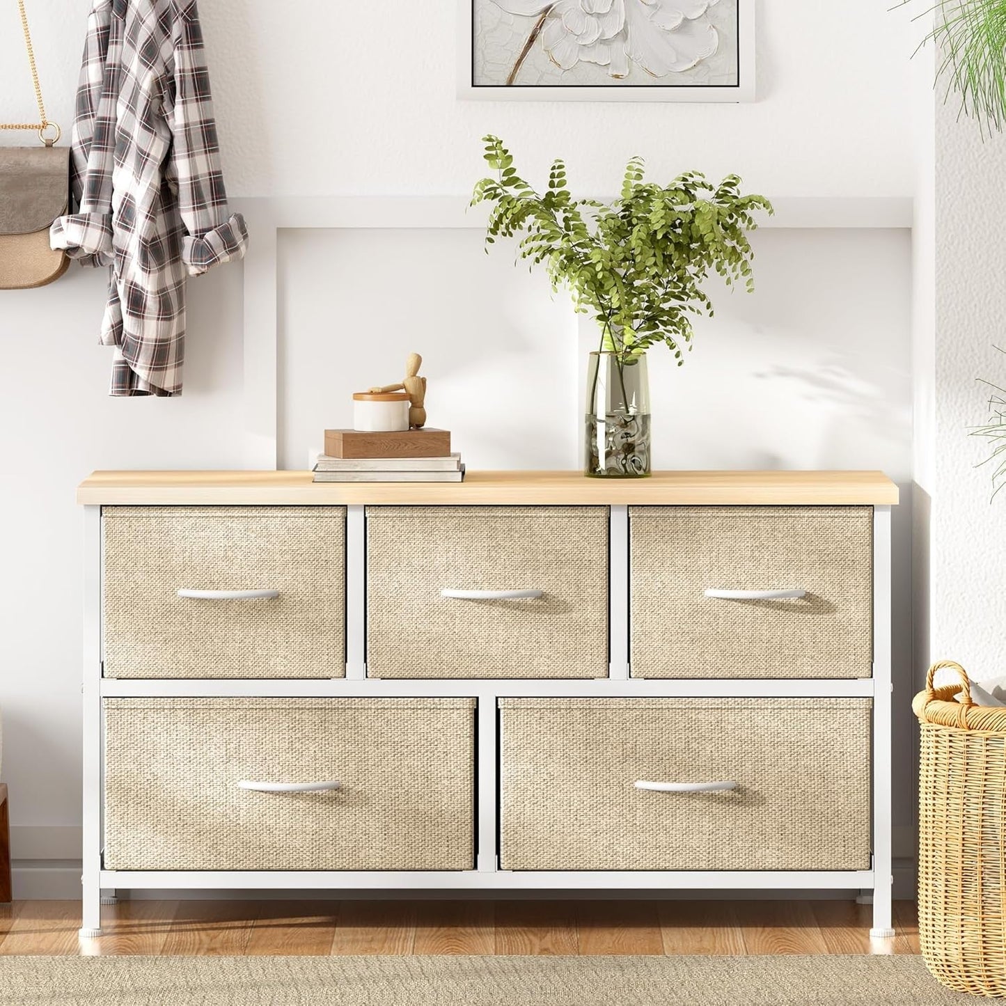 Beige 5-Drawer Fabric Chest, 100 x 29 x 55 cm