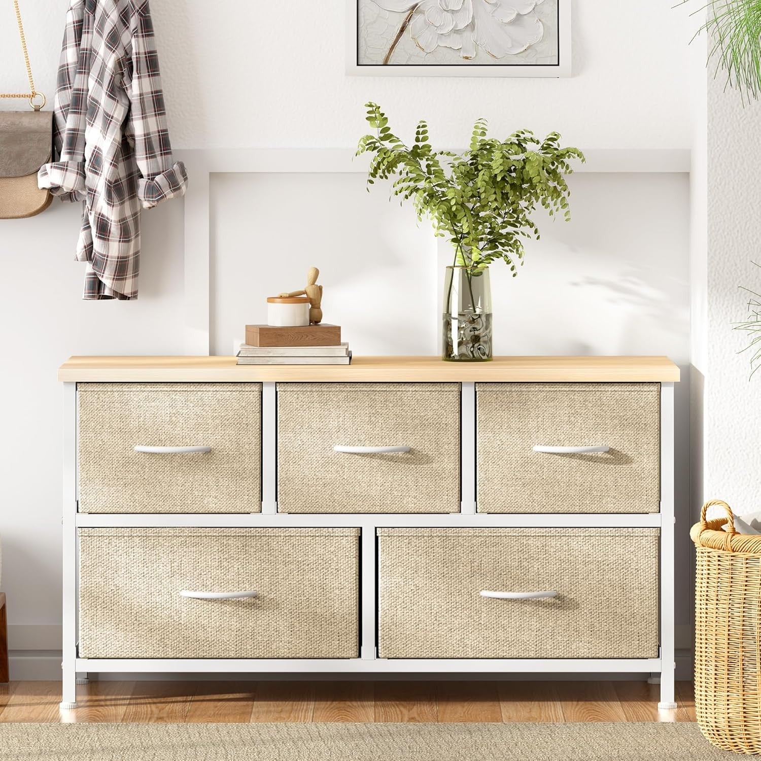 Beige 5-Drawer Fabric Chest, 100 x 29 x 55 cm