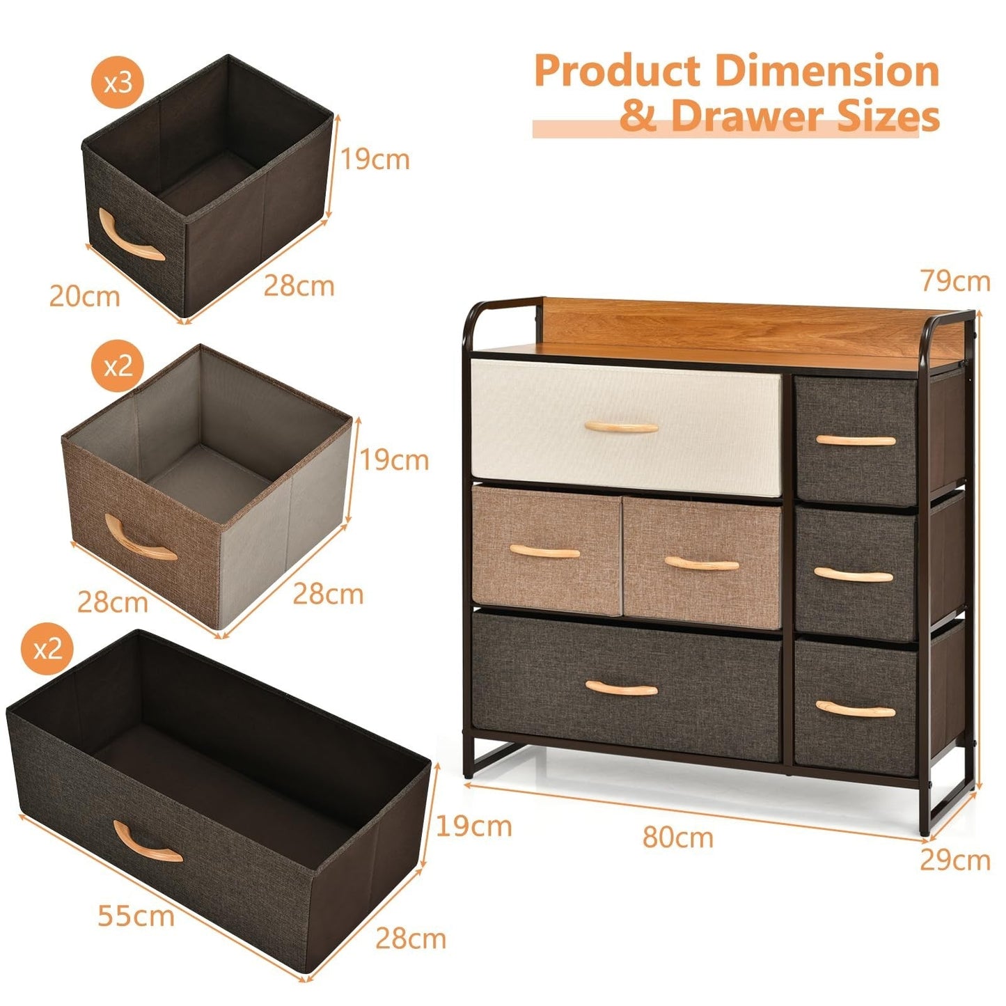 Chest of Drawer Wooden Top Fabric Dresser Steel Frame Wardrobe Storage Organizer
