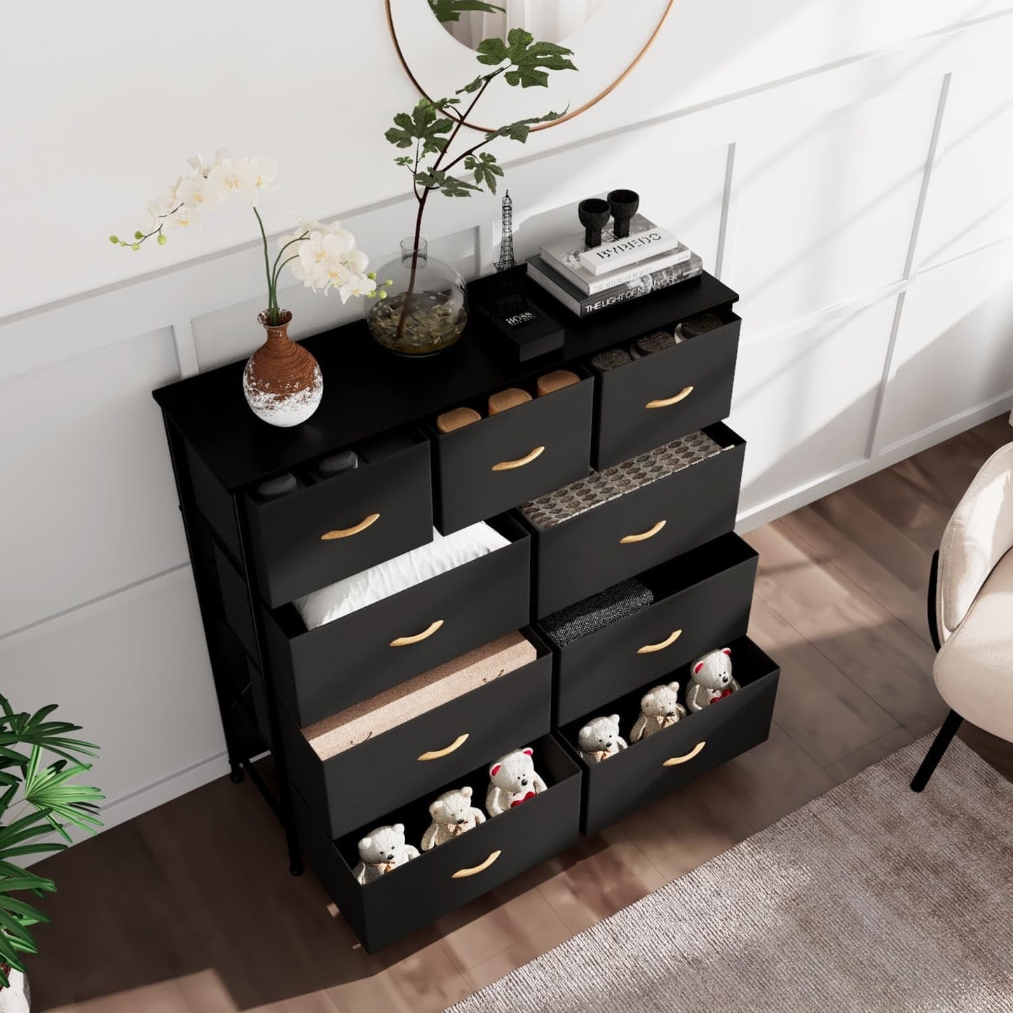 Chest of Drawers Dresser Black with 9 Drawers Fabric Dresser with Wood Top room