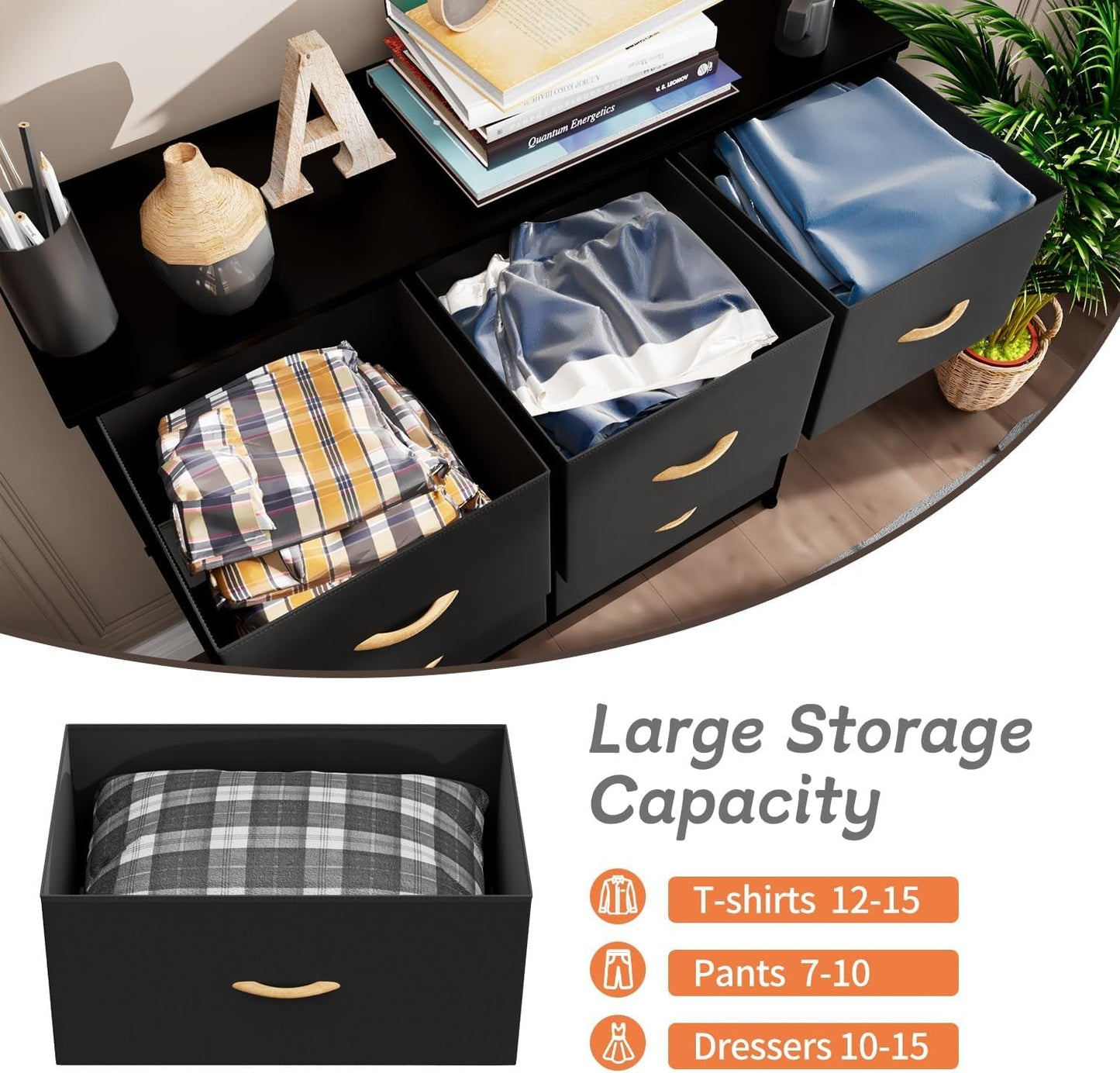 Chest of Drawers Dresser Black with 9 Drawers Fabric Dresser with Wood Top room
