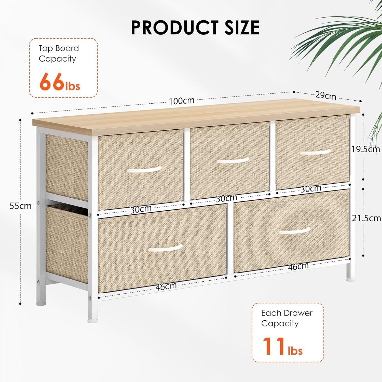 Beige 5-Drawer Fabric Chest, 100 x 29 x 55 cm