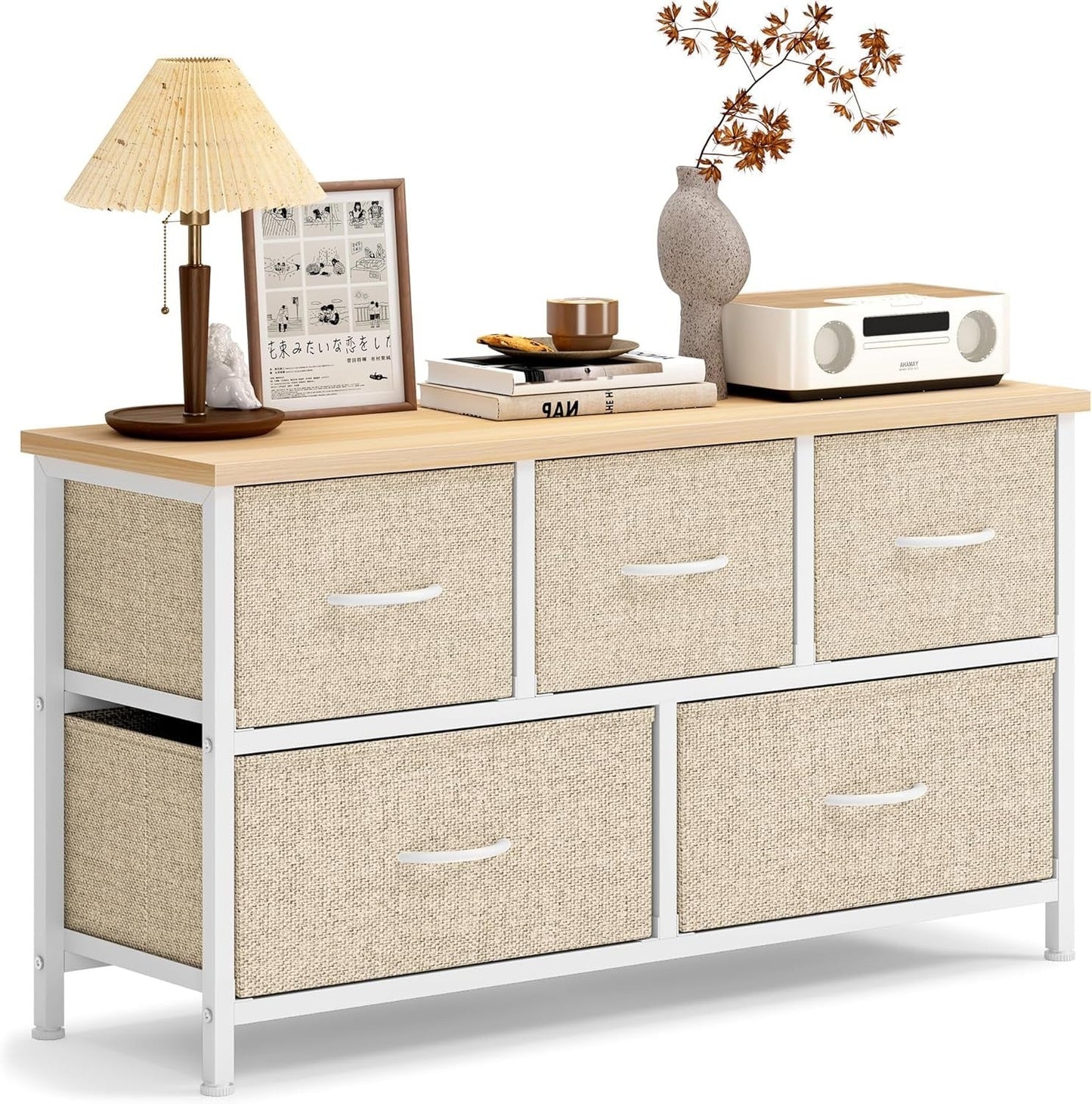 Beige 5-Drawer Fabric Chest, 100 x 29 x 55 cm