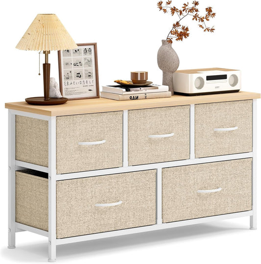 Beige 5-Drawer Fabric Chest, 100 x 29 x 55 cm